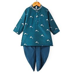Babyhug Woven Full Sleeves Foil Printed Kurta & Dhoti Set - Teal Blue
