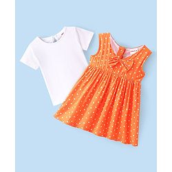 Babyhug Cotton Woven Frock with Half Sleeves T-Shirt Polka Dot Print - Multicolour