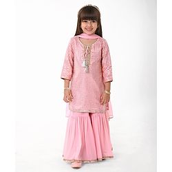 Babyhug Three Fourth Sleeves Sequenced & Embroidered Kurti with Sharara & Dupatta Set - Pink