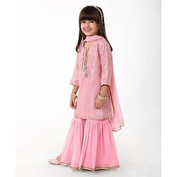 Babyhug Three Fourth Sleeves Sequenced & Embroidered Kurti with Sharara & Dupatta Set - Pink