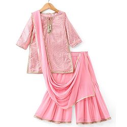 Babyhug Three Fourth Sleeves Sequenced & Embroidered Kurti with Sharara & Dupatta Set - Pink