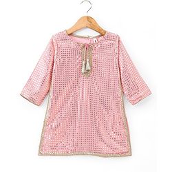 Babyhug Three Fourth Sleeves Sequenced & Embroidered Kurti with Sharara & Dupatta Set - Pink