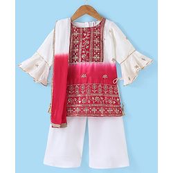 Babyhug Three Fourth Sleeve Shaded Floral Embroidered Kurti Palazo Set with  Dupatta-Off White