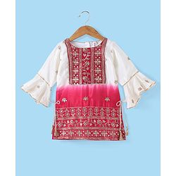 Babyhug Three Fourth Sleeve Shaded Floral Embroidered Kurti Palazo Set with  Dupatta-Off White