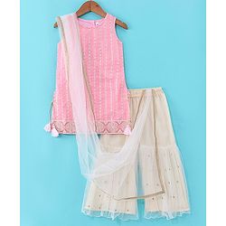 Babyhug Sleeveless Sequenced Embroidered Kurti with Sharara and Dupatta Set - Pink