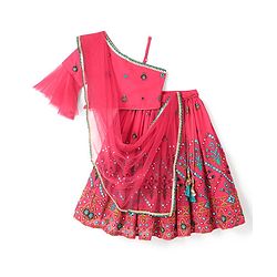 Babyhug One Shoulder Sleeves  Choli Printed with Mirror Embroidered Lehenga and Dupatta - Hot Pink