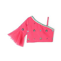 Babyhug One Shoulder Sleeves  Choli Printed with Mirror Embroidered Lehenga and Dupatta - Hot Pink