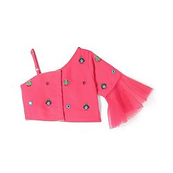 Babyhug One Shoulder Sleeves  Choli Printed with Mirror Embroidered Lehenga and Dupatta - Hot Pink