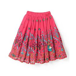 Babyhug One Shoulder Sleeves  Choli Printed with Mirror Embroidered Lehenga and Dupatta - Hot Pink
