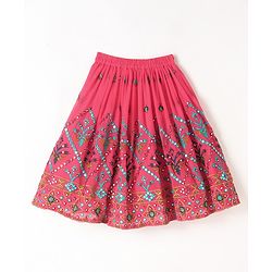 Babyhug One Shoulder Sleeves  Choli Printed with Mirror Embroidered Lehenga and Dupatta - Hot Pink