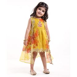 Babyhug Woven Sleeveless Ethnic Dress & Jacket Set With Floral Printed & Embroidery - Yellow
