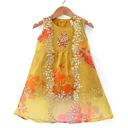 Babyhug Woven Sleeveless Ethnic Dress & Jacket Set With Floral Printed & Embroidery - Yellow