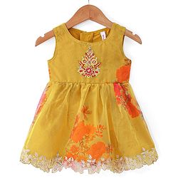 Babyhug Woven Sleeveless Ethnic Dress & Jacket Set With Floral Printed & Embroidery - Yellow