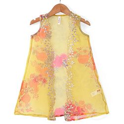 Babyhug Woven Sleeveless Ethnic Dress & Jacket Set With Floral Printed & Embroidery - Yellow