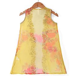Babyhug Woven Sleeveless Ethnic Dress & Jacket Set With Floral Printed & Embroidery - Yellow