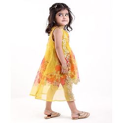 Babyhug Woven Sleeveless Ethnic Dress & Jacket Set With Floral Printed & Embroidery - Yellow