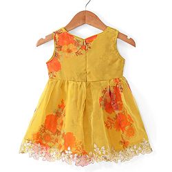 Babyhug Woven Sleeveless Ethnic Dress & Jacket Set With Floral Printed & Embroidery - Yellow