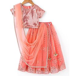 Babyhug Woven Sequined Lehenga and Half Sleeves Choli Set with Lace Border Dupatta - Red