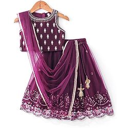 Babyhug Sleeveless Sequined Floral Embroidered Choli Lehenga and Dupatta Set - Wine