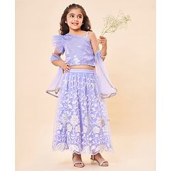 Babyhug Sleeveless Sequenced Choli & Floral Embroidered Lehenga with Dupatta Set - Lavender