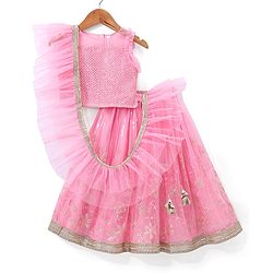 Babyhug Sleeveless Sequenced Choli with Embroidered Lehenga and Dupatta - Pink