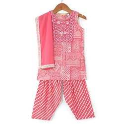 Babyhug Woven Sleeveless Kurti & Churidar Set with Dupatta Ajrakh Print - Pink