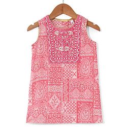 Babyhug Woven Sleeveless Kurti & Churidar Set with Dupatta Ajrakh Print - Pink