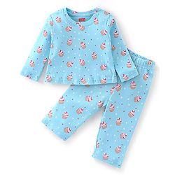 Babyhug Cotton Knit Full Sleeves Night Suit With Cup Cake Print - Blue