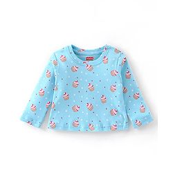 Babyhug Cotton Knit Full Sleeves Night Suit With Cup Cake Print - Blue
