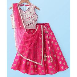 Babyhug Sleeveless Mirror Embroidered Choli with Brocade Lehenga Set With Dupatta - Fuchsia & White