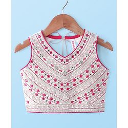 Babyhug Sleeveless Mirror Embroidered Choli with Brocade Lehenga Set With Dupatta - Fuchsia & White