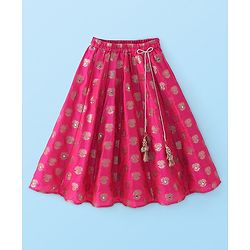 Babyhug Sleeveless Mirror Embroidered Choli with Brocade Lehenga Set With Dupatta - Fuchsia & White