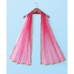 Babyhug Sleeveless Mirror Embroidered Choli with Brocade Lehenga Set With Dupatta - Fuchsia & White