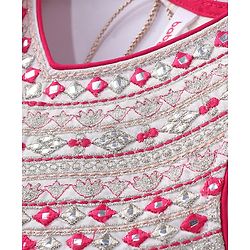 Babyhug Sleeveless Mirror Embroidered Choli with Brocade Lehenga Set With Dupatta - Fuchsia & White