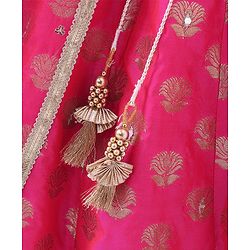 Babyhug Sleeveless Mirror Embroidered Choli with Brocade Lehenga Set With Dupatta - Fuchsia & White