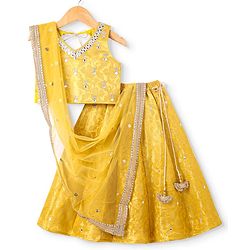 Babyhug  Brocade Sleeveless Floral Printed Choli Lehenga Set with Dupatta - Yellow