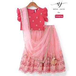 Babyhug Short Sleeve Floral Embroidered Lehenga Choli and Dupatta Set - Pink