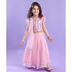 Babyhug Half Sleeve Sequined Choli Lehenga and Dupatta Set - Light Pink