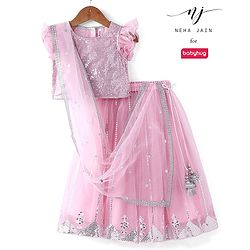 Babyhug Half Sleeve Sequined Choli Lehenga and Dupatta Set - Light Pink