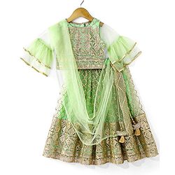 Babyhug Short Sleeve Sequined with Zari Embroidered Choli Lehenga  and Dupatta Set - Lime Green