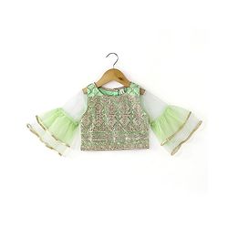 Babyhug Short Sleeve Sequined with Zari Embroidered Choli Lehenga  and Dupatta Set - Lime Green