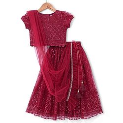 Babyhug Half Sleeves Sequenced Choli & Lehenga  with Dupatta Set - Maroon