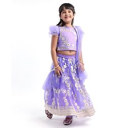 Babyhug Woven Half Sleeves Floral Sequenced Choli With Embroidered Lehenga And Dupatta Set - Purple