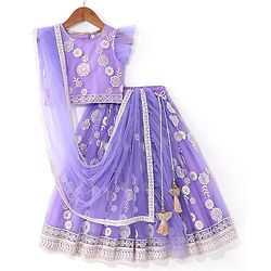 Babyhug Woven Half Sleeves Floral Sequenced Choli With Embroidered Lehenga And Dupatta Set - Purple