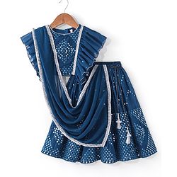 Babyhug Woven Half Sleeves Mirror Embroidered Net Choli Lehenga & Dupatta -Teal