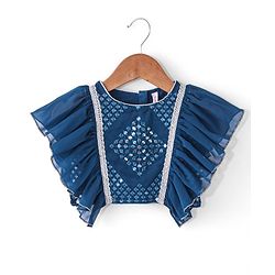 Babyhug Woven Half Sleeves Mirror Embroidered Net Choli Lehenga & Dupatta -Teal
