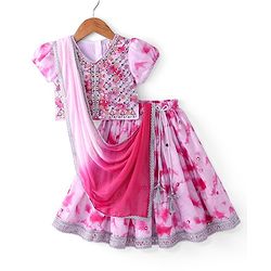Babyhug Half Sleeves Mirror Embroidered Choli with Tie & Dye Lehenga Set With Dupatta - White & Pink