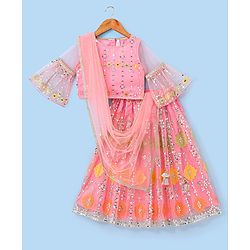 Babyhug Half Sleeves Embroidered Choli with Embroidered Lehenga and Dupatta Set  - Peach