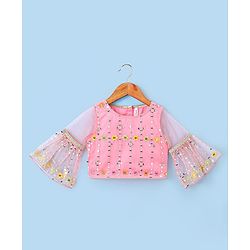 Babyhug Half Sleeves Embroidered Choli with Embroidered Lehenga and Dupatta Set  - Peach