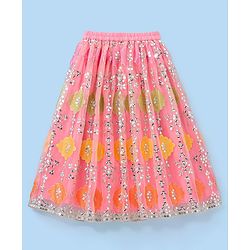 Babyhug Half Sleeves Embroidered Choli with Embroidered Lehenga and Dupatta Set  - Peach